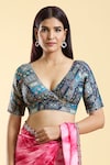 Buy_Nazaakat by Samara Singh_Blue Brocade Woven Gul Art Plunging V Neck Saree Blouse_at_Aza_Fashions