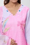 Samyukta Singhania_Pink Linen Cotton Embellished Floral Schiffli Scallop V Neck Pattern Kurta Set _at_Aza_Fashions