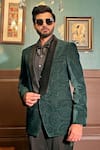 Shop_The House Of Diwans_Green Tuxedo Velvet Spiral Pattern Trouser Set _at_Aza_Fashions