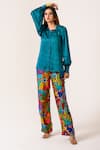 JUHI BENGANI_Multi Color Silk Satin Printed Abstract Collared Sea Shirt And Pant Set _at_Aza_Fashions