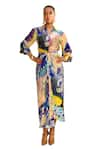 Buy_JUHI BENGANI_Multi Color Silk Satin Printed Abstract Indigoink Shirt And Draped Skirt Set _Online_at_Aza_Fashions