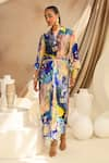 Shop_JUHI BENGANI_Multi Color Silk Satin Printed Abstract Indigoink Shirt And Draped Skirt Set _Online_at_Aza_Fashions