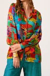 Buy_JUHI BENGANI_Multi Color Silk Satin Printed Flower Collar Shirt And Pant Set _Online_at_Aza_Fashions