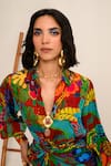 Buy_JUHI BENGANI_Multi Color Silk Satin Printed Floral Collar Abstract Shirt And Draped Skirt Set