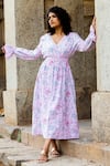 Buy_Spin Wheel_Pink Handloom Cotton 60s Count Hand Embroidered Floral V Block Printed Dress_at_Aza_Fashions