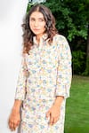 Shop_Spin Wheel_White Muslin Cotton 100s Count Hand Block Paint Floral Printed Shirt Dress _at_Aza_Fashions