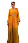 Buy_Adi By Aditya Khandelwl_Yellow Georgette Embroidered Dori Notched Ombre Kaftan 