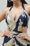 Samyukta Singhania_Blue Lurex Georgette Embellished Crystal Plunging V Draped Neckline Dress _at_Aza_Fashions