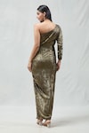 Shop_Naintara Bajaj_Gold Foil Sandwash Embellished Crystal One-shoulder Sleeve Dress_at_Aza_Fashions