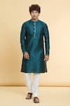 Arihant Rai Sinha_Blue Jacquard, Silk, Chanderi Lace, Floral Jaal Pattern Kurta With Churidar _Online_at_Aza_Fashions