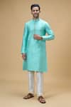 Buy_Arihant Rai Sinha_Blue Jacquard Silk Brocade Woven Checkered Textured Kurta _at_Aza_Fashions