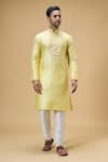 Buy_Arihant Rai Sinha_Yellow Banarasi Art Silk Embroidered Thread Floral Placket Kurta _at_Aza_Fashions