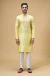 Buy_Arihant Rai Sinha_Yellow Banarasi Art Silk Embroidered Thread Floral Placket Kurta _Online_at_Aza_Fashions