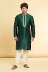 Buy_Arihant Rai Sinha_Green Chanderi , Embroidery Placket Straight Kurta With Churidar _at_Aza_Fashions
