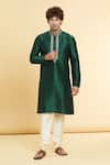 Shop_Arihant Rai Sinha_Green Chanderi , Embroidery Placket Straight Kurta With Churidar _Online_at_Aza_Fashions