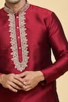 Buy_Arihant Rai Sinha_Maroon Jacquard Art Silk Embroidered Placket Floral Floret Kurta _Online_at_Aza_Fashions