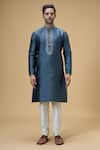 Buy_Arihant Rai Sinha_Grey Jacquard Art Silk Embroidered Placket Floral Floret Pattern Border Kurta _Online_at_Aza_Fashions