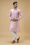 Buy_Arihant Rai Sinha_Peach Jacquard Art Silk Embroidered Placket Paisley Tonal Kurta _at_Aza_Fashions