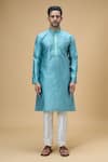 Arihant Rai Sinha_Blue Jacquard, Silk, Denim Embroidery Floral Mandala Pattern Kurta With Churidar _Online_at_Aza_Fashions