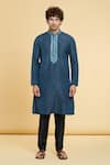 Arihant Rai Sinha_Blue Jacquard, Silk Straight Floral Geometric Pattern Kurta With Churidar _Online_at_Aza_Fashions