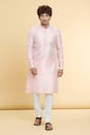 Arihant Rai Sinha_Peach Jacquard, Silk Embroidery Floret Art Woven Kurta With Churidar _Online_at_Aza_Fashions