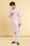 Shop_Arihant Rai Sinha_Peach Jacquard, Silk Embroidery Floret Art Woven Kurta With Churidar _Online_at_Aza_Fashions