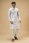 Shop_Arihant Rai Sinha_Cream Jacquard, Silk Embroidery Bloom Swerve Motif Woven Kurta _Online_at_Aza_Fashions