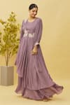 Shop_Samyukta Singhania_Purple Chinon Embroidered Zari Square Neck Asymmetric Layered And Pleated Gown _Online_at_Aza_Fashions