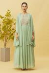 Samyukta Singhania_Green Chinon Embroidered Zardosi Round Yoke Gown With Belt _Online_at_Aza_Fashions