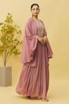 Buy_Samyukta Singhania_Pink Chinon Embroidered Zardosi Round Flared Sleeve Pleated Gown With Belt _Online_at_Aza_Fashions