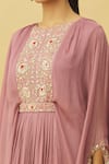 Shop_Samyukta Singhania_Pink Chinon Embroidered Zardosi Round Flared Sleeve Pleated Gown With Belt _Online_at_Aza_Fashions