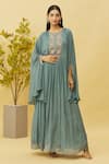 Shop_Samyukta Singhania_Blue Chinon Embroidered Zardosi Round Gown With Belt _Online_at_Aza_Fashions