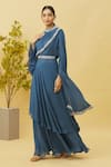 Samyukta Singhania_Blue Chinon Embroidered Floral High Neck Border Tunic And Skirt Set _at_Aza_Fashions