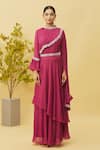 Buy_Samyukta Singhania_Magenta Chinon Embroidered Floral High Neck Border Sequins Tunic And Skirt Set _Online_at_Aza_Fashions