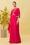 Buy_Samyukta Singhania_Pink Viscose Organza Embroidered Floral Round Neck And Asymmetric Sleeve Gown _Online_at_Aza_Fashions