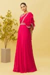 Shop_Samyukta Singhania_Pink Viscose Organza Embroidered Floral Round Neck And Asymmetric Sleeve Gown _Online_at_Aza_Fashions