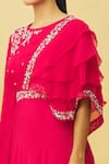 Samyukta Singhania_Pink Viscose Organza Embroidered Floral Round Neck And Asymmetric Sleeve Gown _at_Aza_Fashions