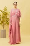 Samyukta Singhania_Pink Viscose Organza Embroidered Floral Round Neck Gown _Online_at_Aza_Fashions