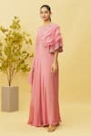 Buy_Samyukta Singhania_Pink Viscose Organza Embroidered Floral Round Neck Gown _Online_at_Aza_Fashions