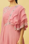 Samyukta Singhania_Pink Viscose Organza Embroidered Floral Round Neck Gown _at_Aza_Fashions