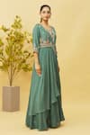 Buy_Samyukta Singhania_Blue Dola Silk Embroidered Floral V Neck Thread And Draped Gown _Online_at_Aza_Fashions