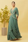 Shop_Samyukta Singhania_Blue Dola Silk Embroidered Floral V Neck Thread And Draped Gown _Online_at_Aza_Fashions