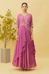 Samyukta Singhania_Purple Dola Silk Embroidered Floral V Neck And Draped Gown _Online_at_Aza_Fashions