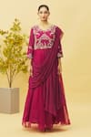 Khwaab by Sanjana Lakhani_Magenta Organza Embroidered Sequins Round Thread Gown With Belt _at_Aza_Fashions