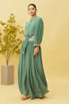 Buy_Samyukta Singhania_Green Natural Crepe Embroidered Floral Notched Top And Flared Skirt Set _Online_at_Aza_Fashions