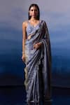 Shop_Angad Singh_Grey Tissue Embroidered Bugle Bead Leaf Cutwork Saree With Blouse 