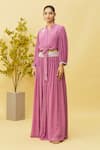 Samyukta Singhania_Purple Natural Crepe Embroidered Floral Notched Knotted Top And Flared Skirt Set _Online_at_Aza_Fashions