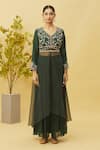 Buy_Samyukta Singhania_Green Kurta  Dola Silk And Semi Organza Embroidered Floral V Neck & Palazzo Set _Online_at_Aza_Fashions