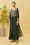 Shop_Samyukta Singhania_Green Kurta  Dola Silk And Semi Organza Embroidered Floral V Neck & Palazzo Set _Online_at_Aza_Fashions