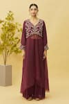 Samyukta Singhania_Maroon Kurta  Dola Silk And Semi Organza Embroidered Floral V Neck & Palazzo Set _Online_at_Aza_Fashions